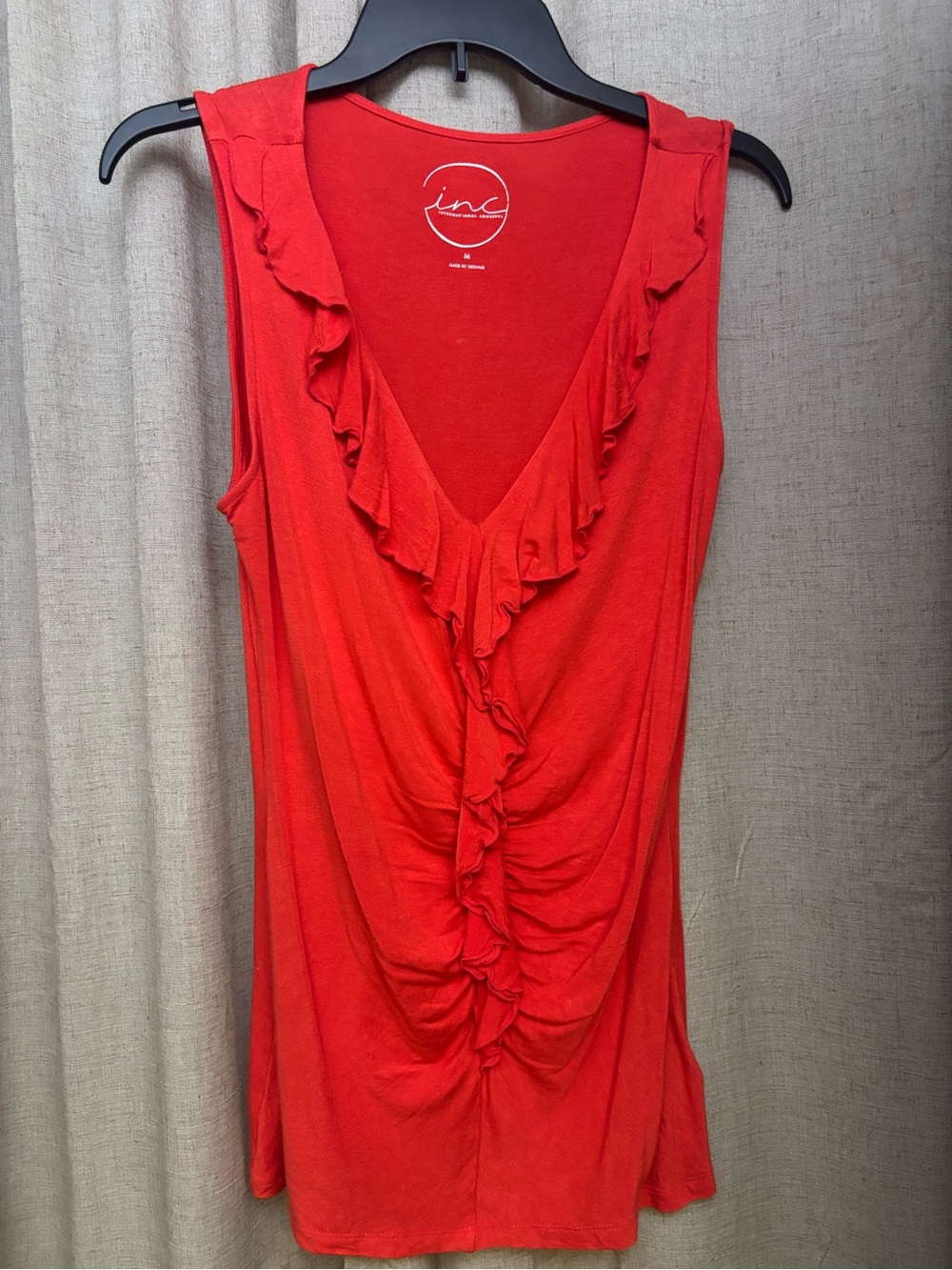 INC International Concepts Red Ruffle V-Neck Gathered Sleeveless Top